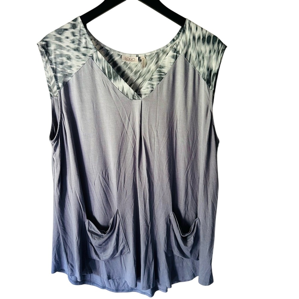 LOGO Lori Goldstein Gray Sleeveless Relaxed Blouse Drape Front Pockets Lagenlook